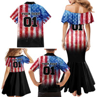 Personalized Motocross Rider Family Matching Mermaid Dress and Hawaiian Shirt with Distressed American Flag in Red White Blue Grunge Style - Wonder Print Shop