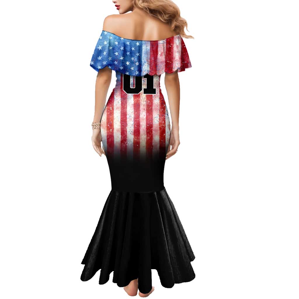 Personalized Motocross Rider Family Matching Mermaid Dress and Hawaiian Shirt with Distressed American Flag in Red White Blue Grunge Style - Wonder Print Shop