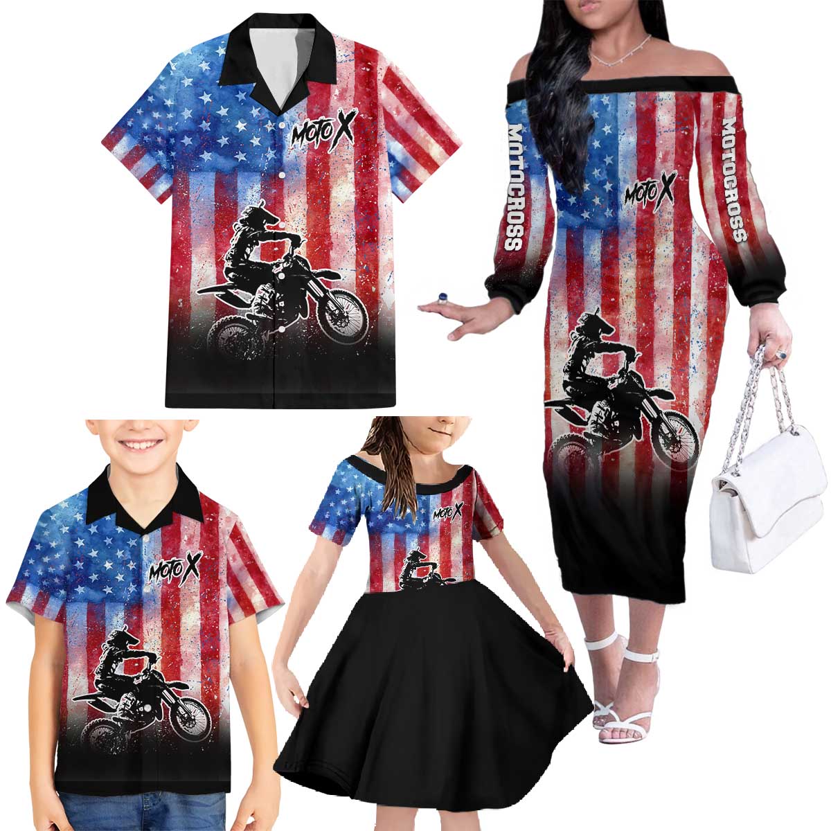 Personalized Motocross Rider Family Matching Off The Shoulder Long Sleeve Dress and Hawaiian Shirt with Distressed American Flag in Red White Blue Grunge Style - Wonder Print Shop