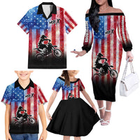 Personalized Motocross Rider Family Matching Off The Shoulder Long Sleeve Dress and Hawaiian Shirt with Distressed American Flag in Red White Blue Grunge Style - Wonder Print Shop