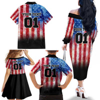 Personalized Motocross Rider Family Matching Off The Shoulder Long Sleeve Dress and Hawaiian Shirt with Distressed American Flag in Red White Blue Grunge Style - Wonder Print Shop