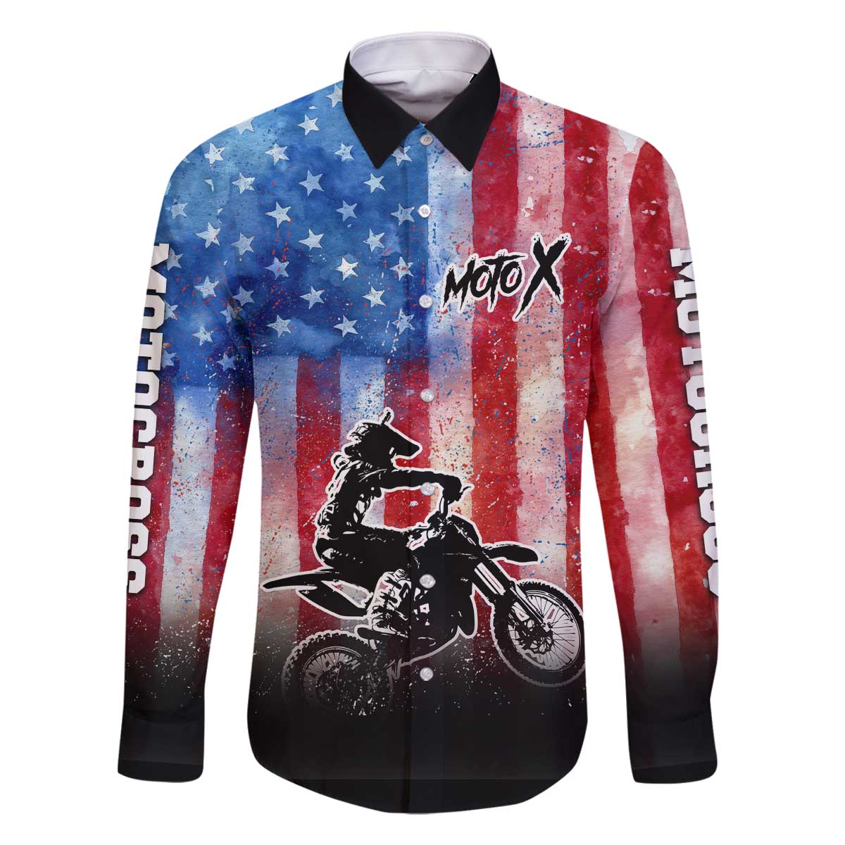 Personalized Motocross Rider Family Matching Off The Shoulder Long Sleeve Dress and Hawaiian Shirt with Distressed American Flag in Red White Blue Grunge Style - Wonder Print Shop