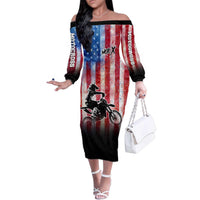 Personalized Motocross Rider Family Matching Off The Shoulder Long Sleeve Dress and Hawaiian Shirt with Distressed American Flag in Red White Blue Grunge Style - Wonder Print Shop