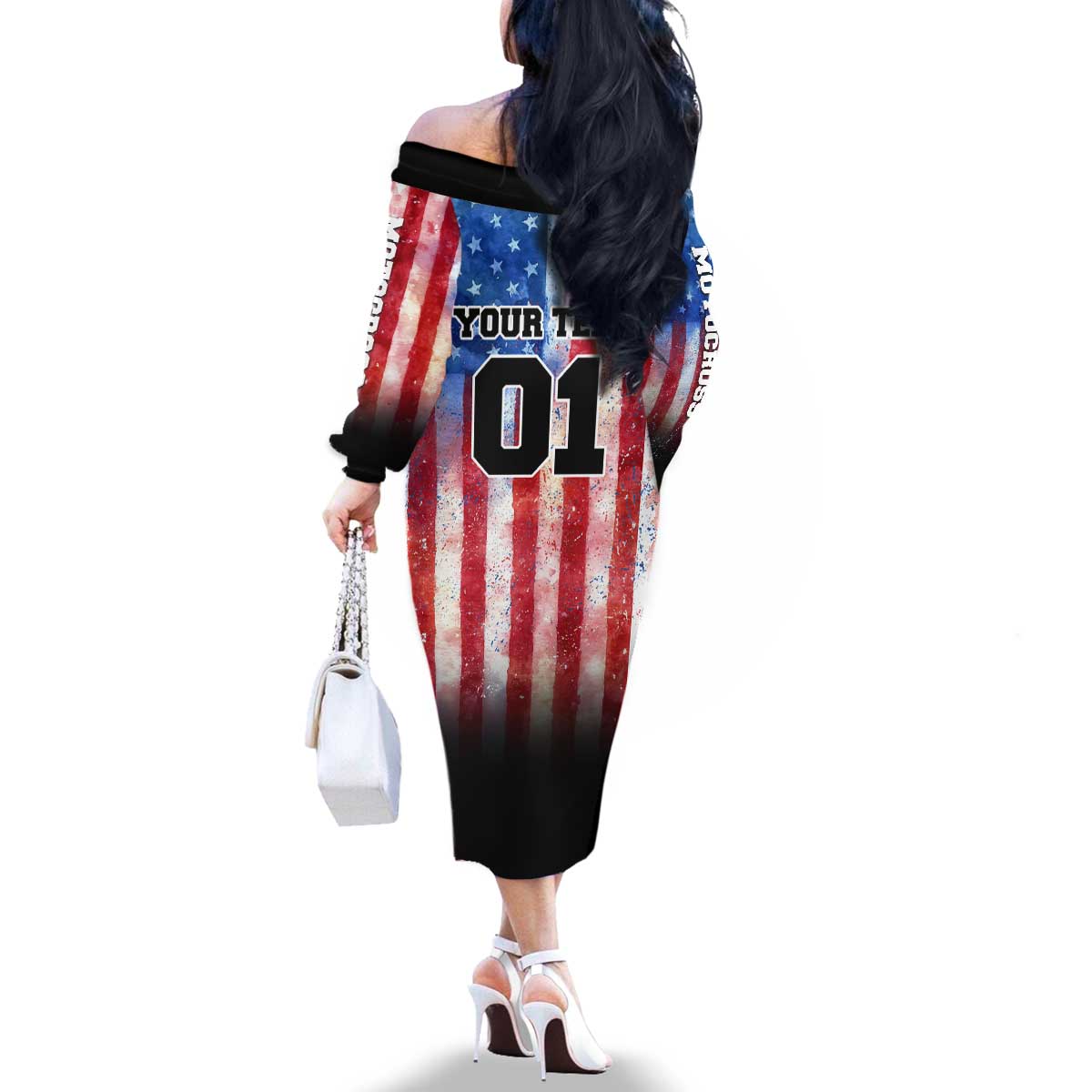 Personalized Motocross Rider Family Matching Off The Shoulder Long Sleeve Dress and Hawaiian Shirt with Distressed American Flag in Red White Blue Grunge Style - Wonder Print Shop