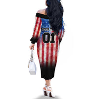 Personalized Motocross Rider Family Matching Off The Shoulder Long Sleeve Dress and Hawaiian Shirt with Distressed American Flag in Red White Blue Grunge Style - Wonder Print Shop