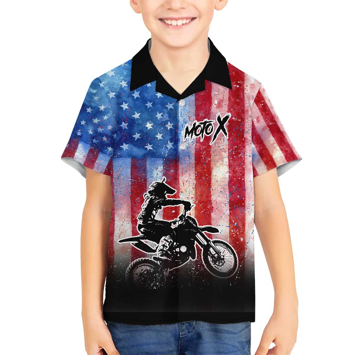 Personalized Motocross Rider Family Matching Off The Shoulder Long Sleeve Dress and Hawaiian Shirt with Distressed American Flag in Red White Blue Grunge Style - Wonder Print Shop