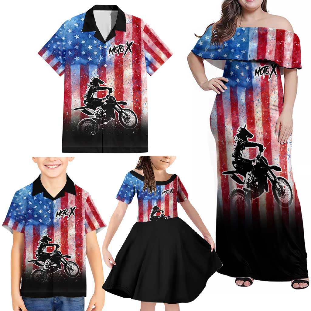 Personalized Motocross Rider Family Matching Off Shoulder Maxi Dress and Hawaiian Shirt with Distressed American Flag in Red White Blue Grunge Style - Wonder Print Shop