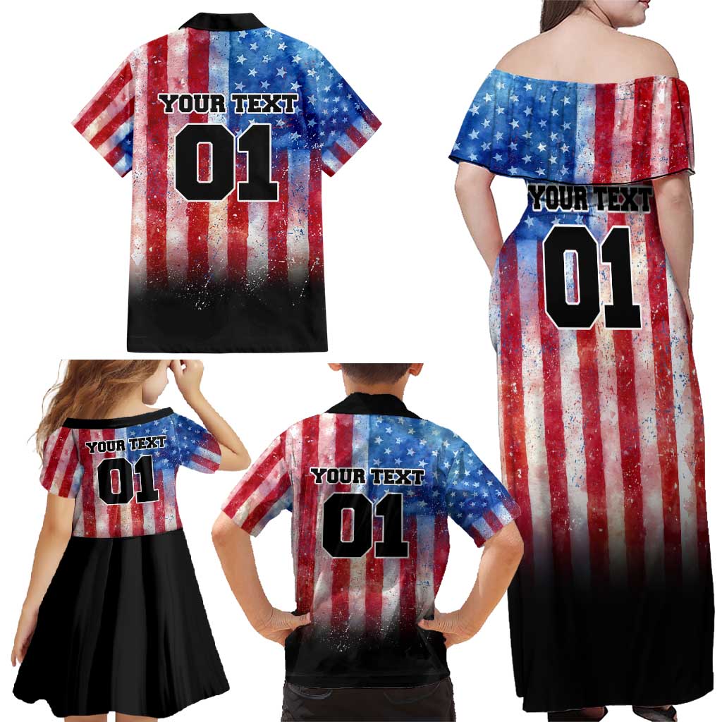 Personalized Motocross Rider Family Matching Off Shoulder Maxi Dress and Hawaiian Shirt with Distressed American Flag in Red White Blue Grunge Style - Wonder Print Shop