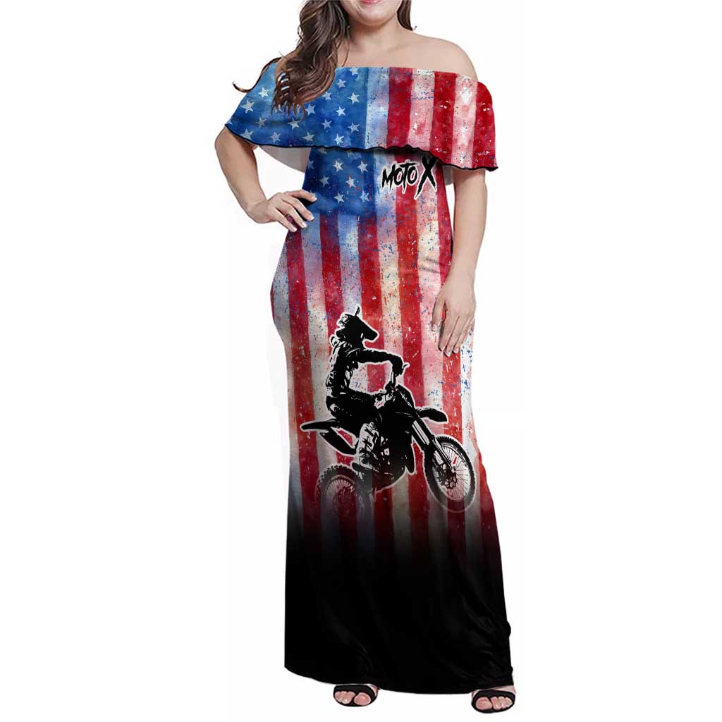 Personalized Motocross Rider Family Matching Off Shoulder Maxi Dress and Hawaiian Shirt with Distressed American Flag in Red White Blue Grunge Style - Wonder Print Shop