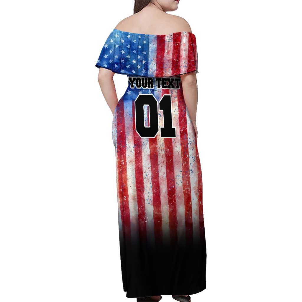 Personalized Motocross Rider Family Matching Off Shoulder Maxi Dress and Hawaiian Shirt with Distressed American Flag in Red White Blue Grunge Style - Wonder Print Shop