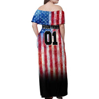 Personalized Motocross Rider Family Matching Off Shoulder Maxi Dress and Hawaiian Shirt with Distressed American Flag in Red White Blue Grunge Style - Wonder Print Shop