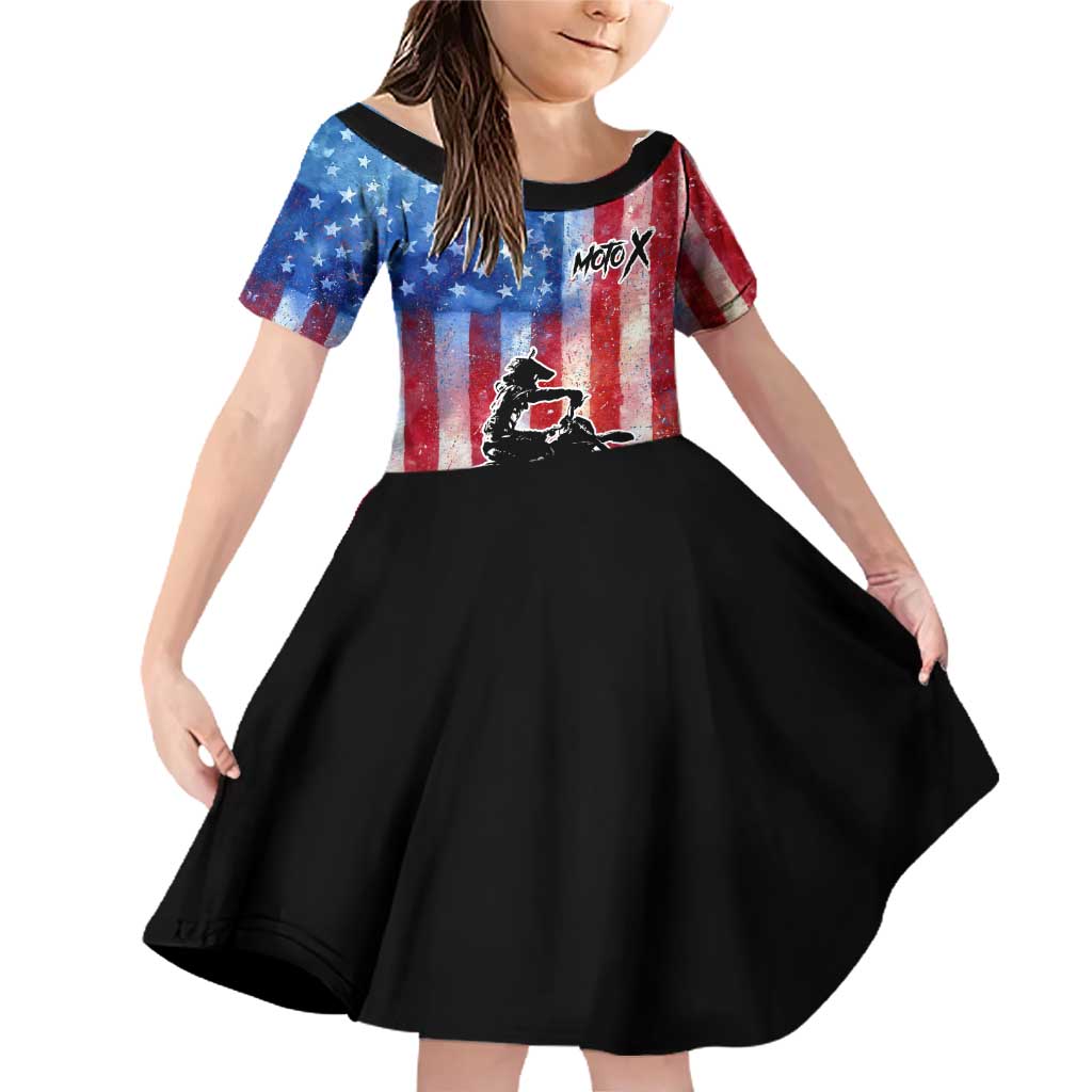 Personalized Motocross Rider Family Matching Off Shoulder Short Dress and Hawaiian Shirt with Distressed American Flag in Red White Blue Grunge Style - Wonder Print Shop
