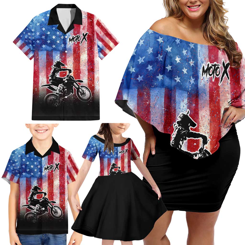 Personalized Motocross Rider Family Matching Off Shoulder Short Dress and Hawaiian Shirt with Distressed American Flag in Red White Blue Grunge Style - Wonder Print Shop