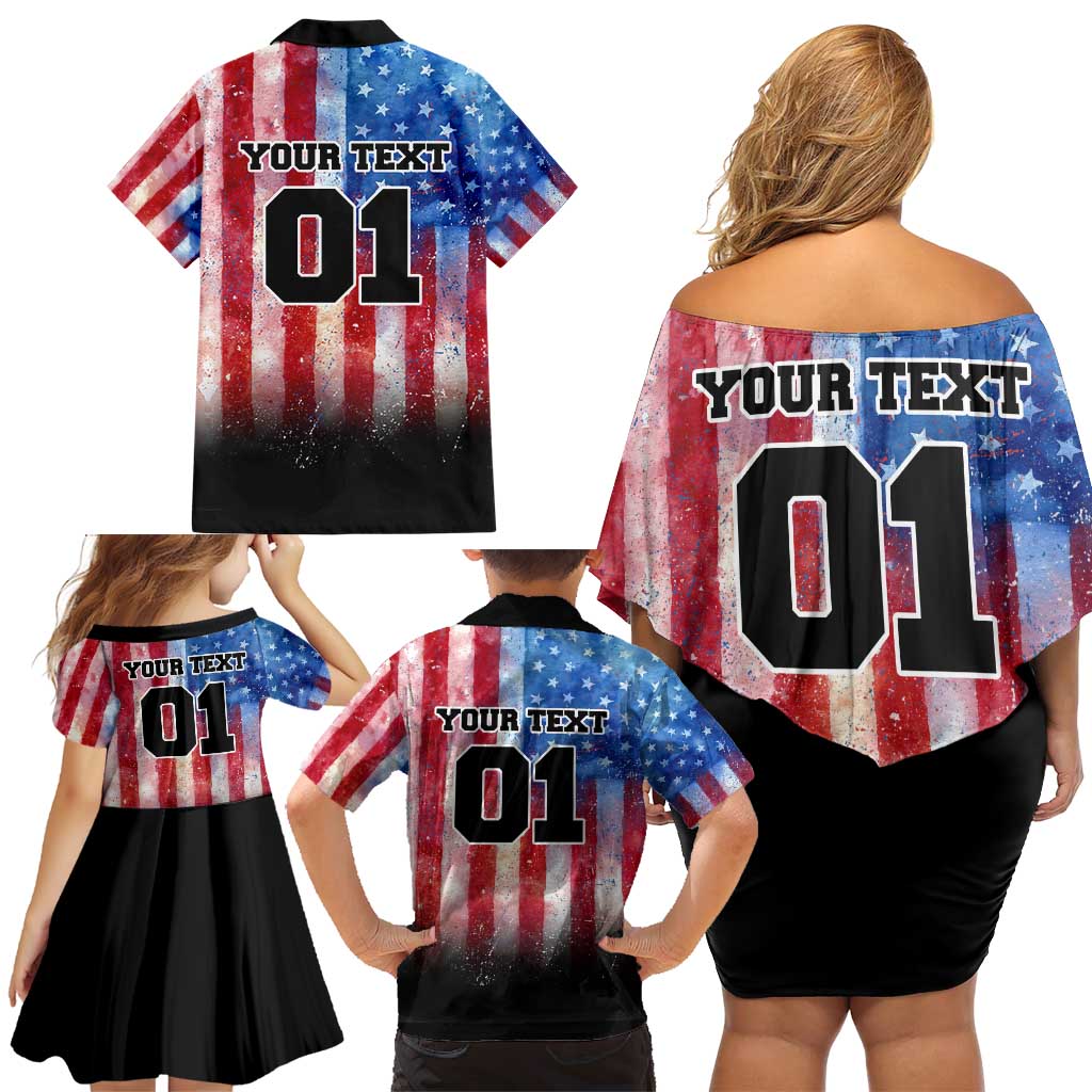 Personalized Motocross Rider Family Matching Off Shoulder Short Dress and Hawaiian Shirt with Distressed American Flag in Red White Blue Grunge Style - Wonder Print Shop