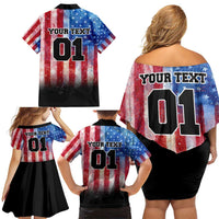 Personalized Motocross Rider Family Matching Off Shoulder Short Dress and Hawaiian Shirt with Distressed American Flag in Red White Blue Grunge Style - Wonder Print Shop