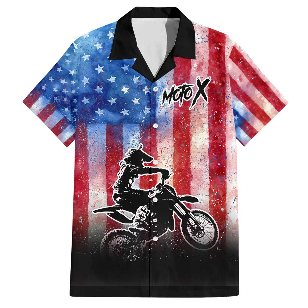 Personalized Motocross Rider Family Matching Off Shoulder Short Dress and Hawaiian Shirt with Distressed American Flag in Red White Blue Grunge Style - Wonder Print Shop