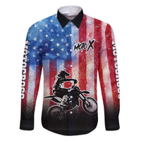 Personalized Motocross Rider Family Matching Off Shoulder Short Dress and Hawaiian Shirt with Distressed American Flag in Red White Blue Grunge Style - Wonder Print Shop