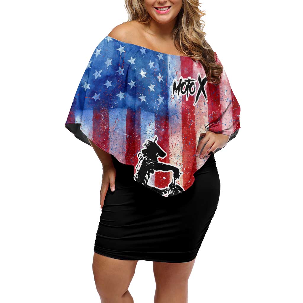 Personalized Motocross Rider Family Matching Off Shoulder Short Dress and Hawaiian Shirt with Distressed American Flag in Red White Blue Grunge Style - Wonder Print Shop