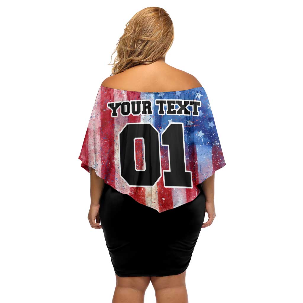Personalized Motocross Rider Family Matching Off Shoulder Short Dress and Hawaiian Shirt with Distressed American Flag in Red White Blue Grunge Style - Wonder Print Shop