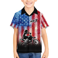 Personalized Motocross Rider Family Matching Off Shoulder Short Dress and Hawaiian Shirt with Distressed American Flag in Red White Blue Grunge Style - Wonder Print Shop