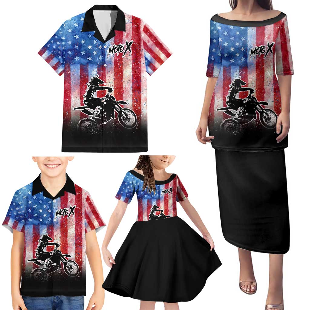 Personalized Motocross Rider Family Matching Puletasi and Hawaiian Shirt with Distressed American Flag in Red White Blue Grunge Style - Wonder Print Shop