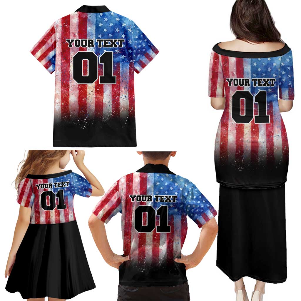 Personalized Motocross Rider Family Matching Puletasi and Hawaiian Shirt with Distressed American Flag in Red White Blue Grunge Style - Wonder Print Shop
