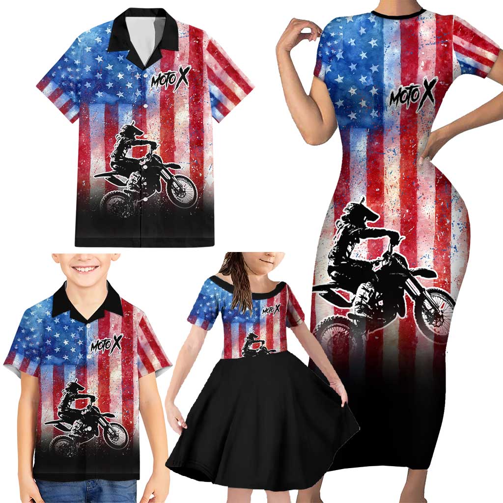 Personalized Motocross Rider Family Matching Short Sleeve Bodycon Dress and Hawaiian Shirt with Distressed American Flag in Red White Blue Grunge Style - Wonder Print Shop