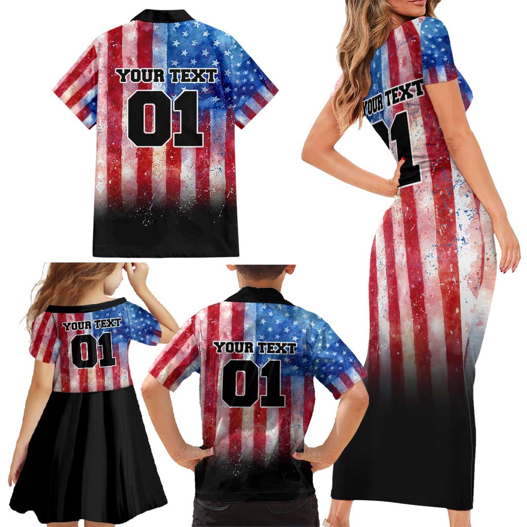 Personalized Motocross Rider Family Matching Short Sleeve Bodycon Dress and Hawaiian Shirt with Distressed American Flag in Red White Blue Grunge Style - Wonder Print Shop