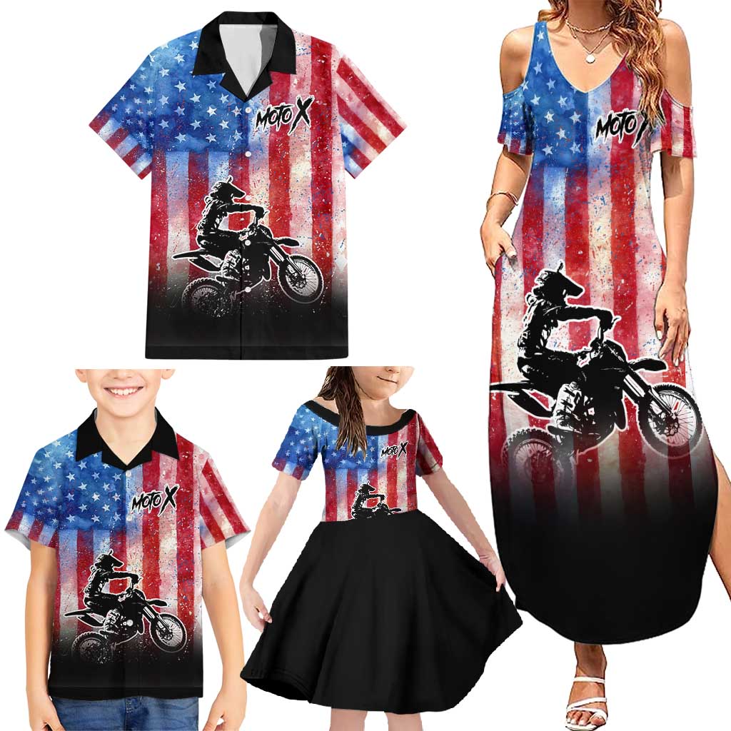 Personalized Motocross Rider Family Matching Summer Maxi Dress and Hawaiian Shirt with Distressed American Flag in Red White Blue Grunge Style - Wonder Print Shop