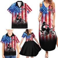 Personalized Motocross Rider Family Matching Summer Maxi Dress and Hawaiian Shirt with Distressed American Flag in Red White Blue Grunge Style - Wonder Print Shop