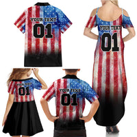 Personalized Motocross Rider Family Matching Summer Maxi Dress and Hawaiian Shirt with Distressed American Flag in Red White Blue Grunge Style - Wonder Print Shop
