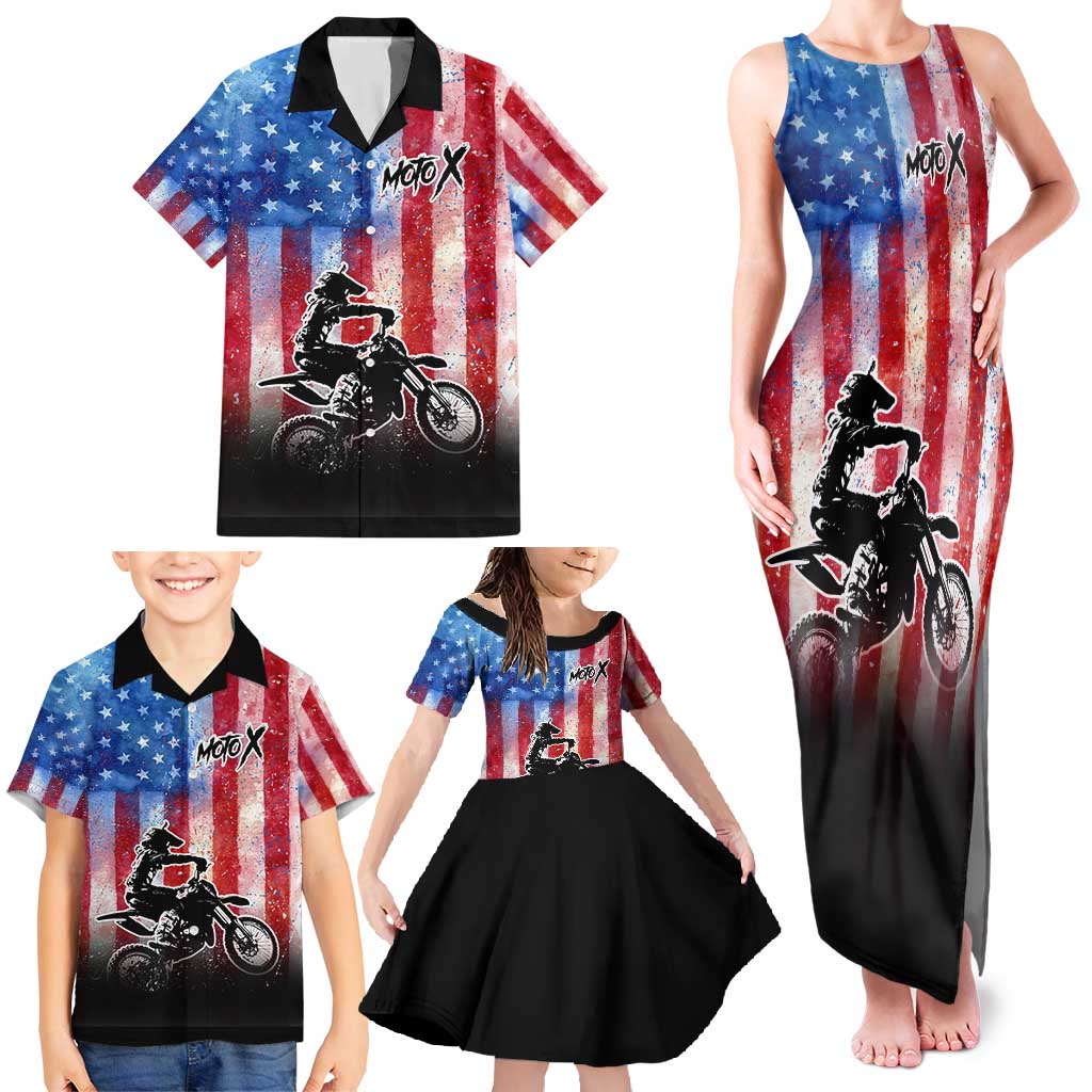 Personalized Motocross Rider Family Matching Tank Maxi Dress and Hawaiian Shirt with Distressed American Flag in Red White Blue Grunge Style - Wonder Print Shop