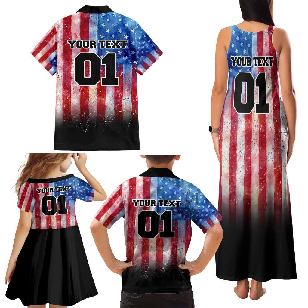 Personalized Motocross Rider Family Matching Tank Maxi Dress and Hawaiian Shirt with Distressed American Flag in Red White Blue Grunge Style - Wonder Print Shop