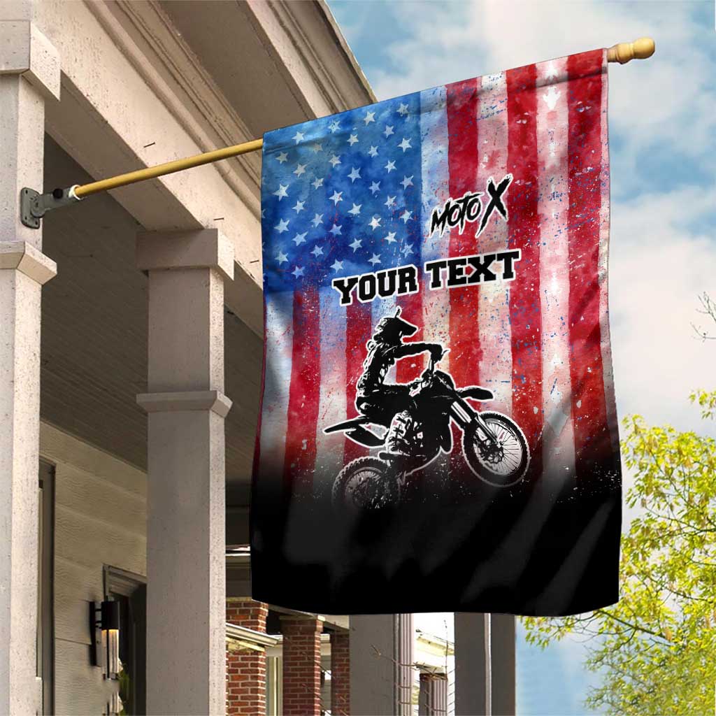 Personalized Motocross Rider Garden Flag with Distressed American Flag in Red White Blue Grunge Style - Wonder Print Shop