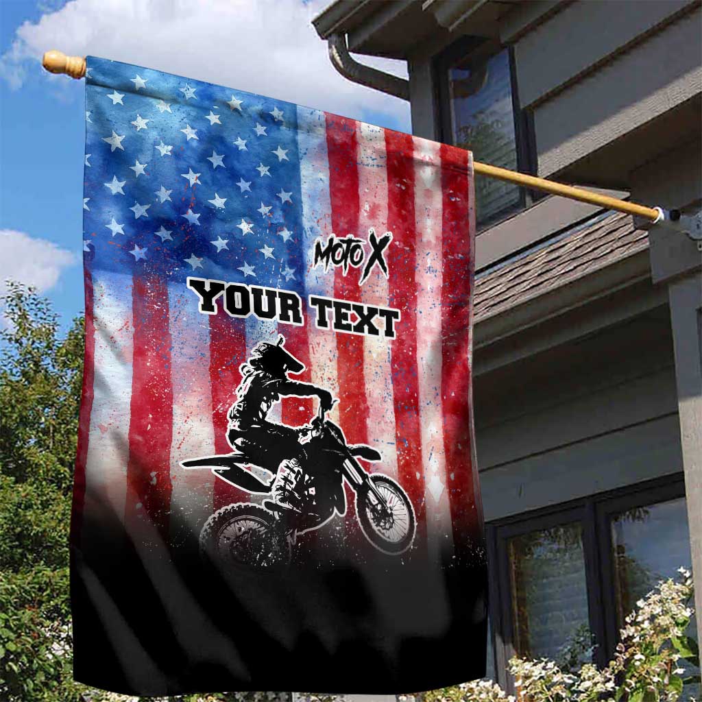 Personalized Motocross Rider Garden Flag with Distressed American Flag in Red White Blue Grunge Style - Wonder Print Shop