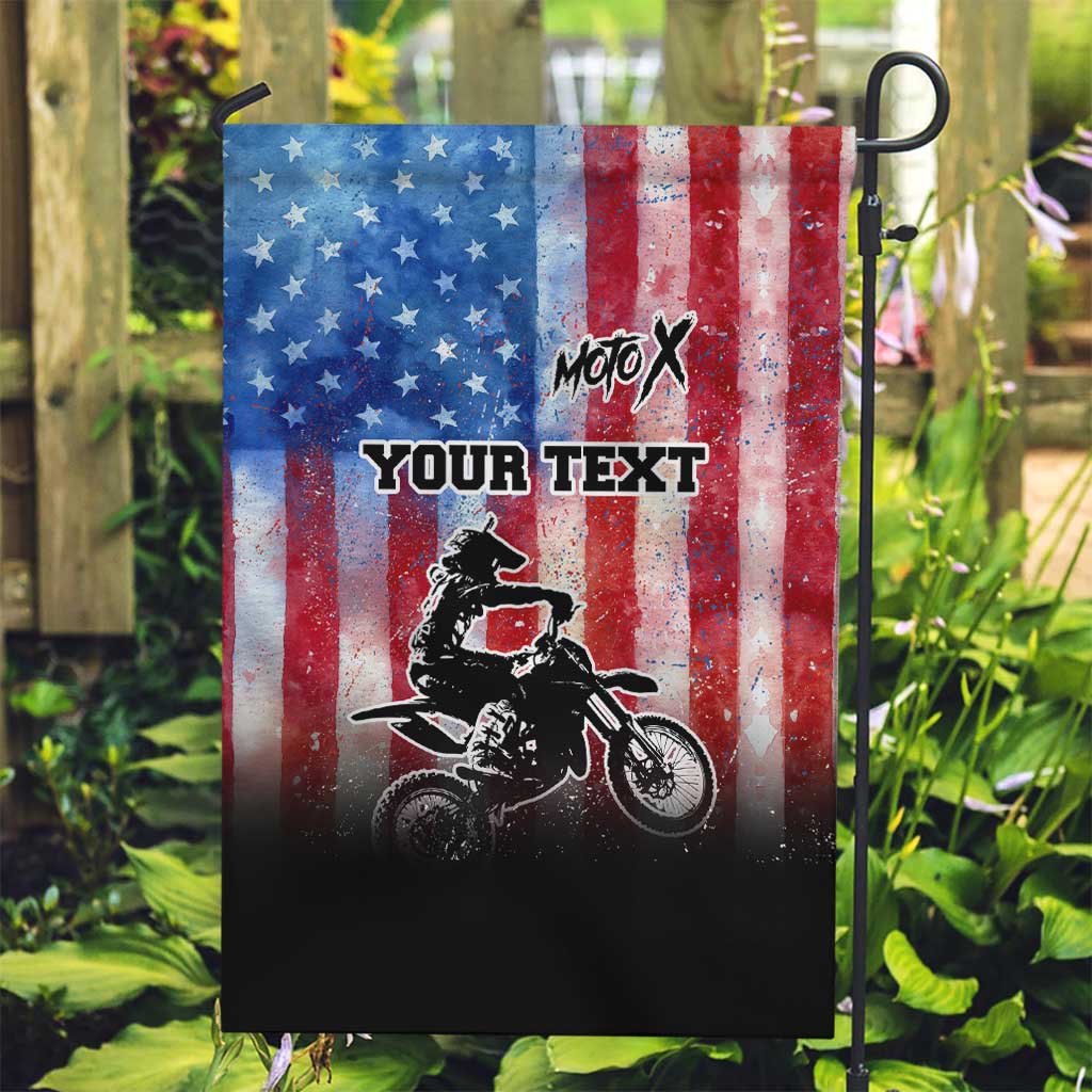 Personalized Motocross Rider Garden Flag with Distressed American Flag in Red White Blue Grunge Style - Wonder Print Shop