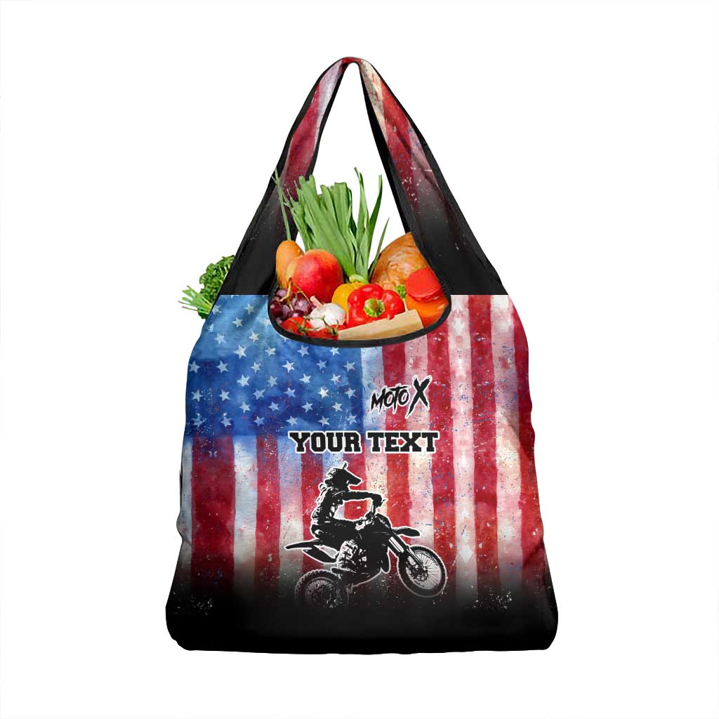 Personalized Motocross Rider Grocery Bag with Distressed American Flag in Red White Blue Grunge Style - Wonder Print Shop