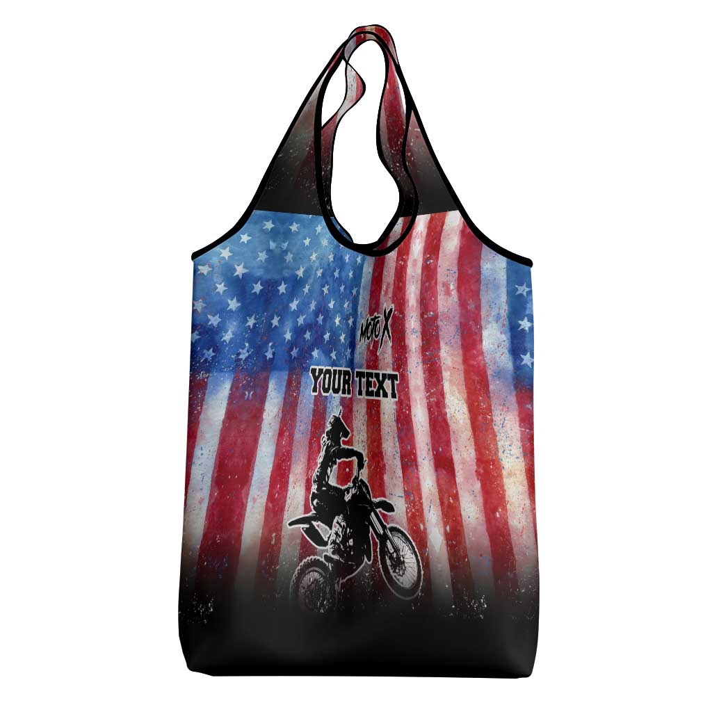 Personalized Motocross Rider Grocery Bag with Distressed American Flag in Red White Blue Grunge Style - Wonder Print Shop