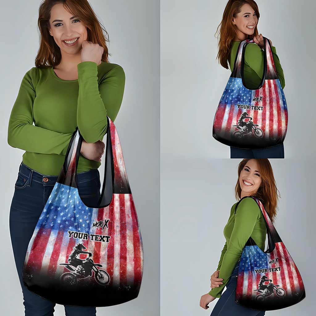 Personalized Motocross Rider Grocery Bag with Distressed American Flag in Red White Blue Grunge Style - Wonder Print Shop