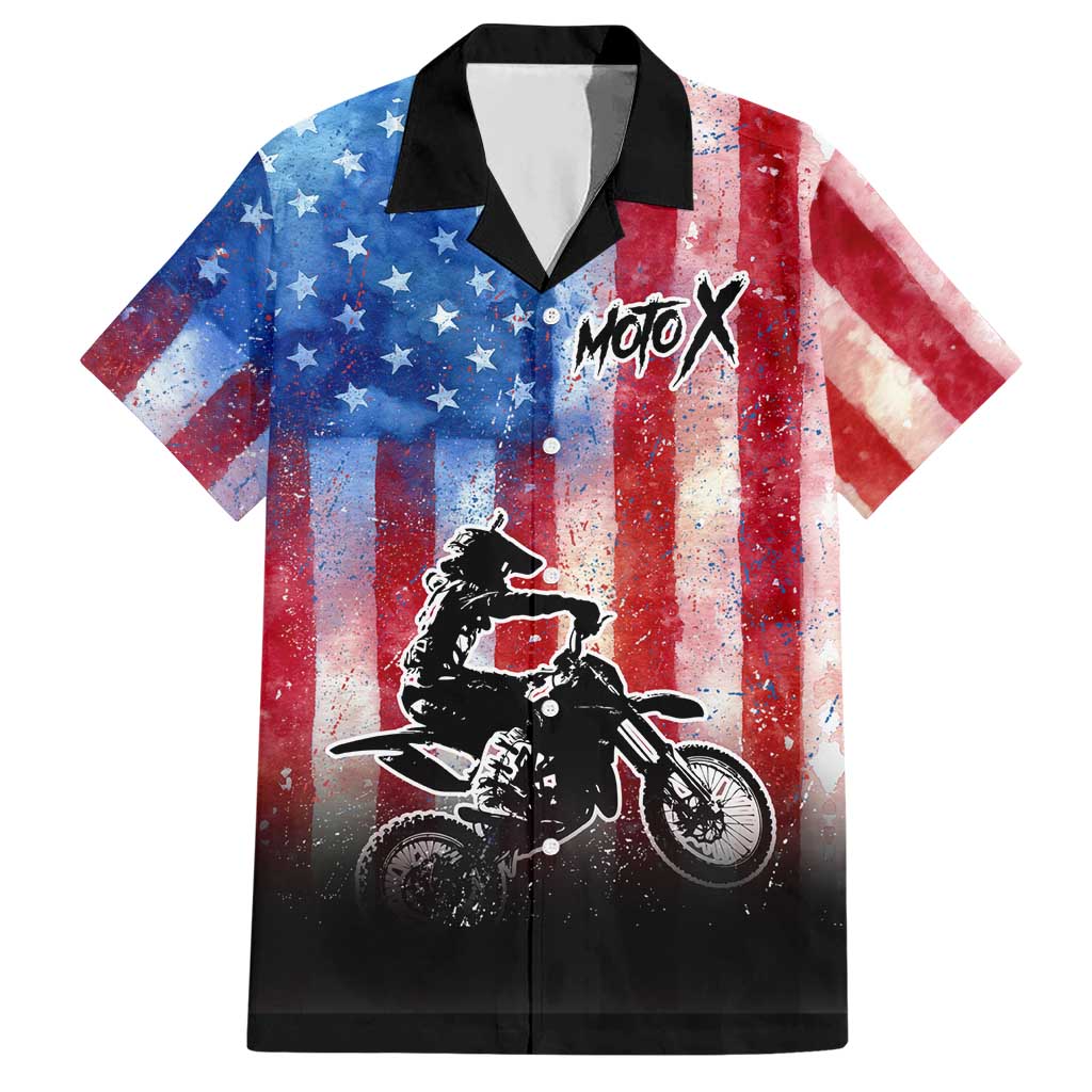 Personalized Motocross Rider Hawaiian Shirt with Distressed American Flag in Red White Blue Grunge Style - Wonder Print Shop