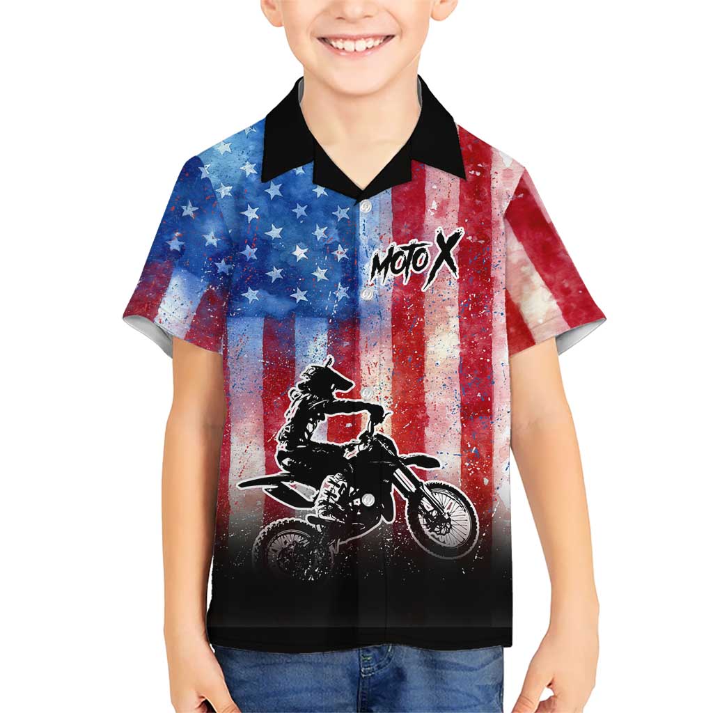 Personalized Motocross Rider Hawaiian Shirt with Distressed American Flag in Red White Blue Grunge Style - Wonder Print Shop