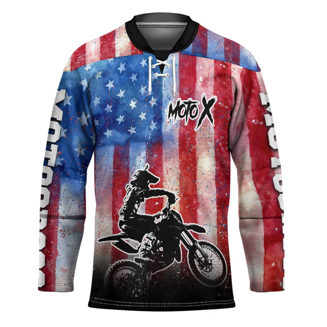 Personalized Motocross Rider Hockey Jersey with Distressed American Flag in Red White Blue Grunge Style - Wonder Print Shop
