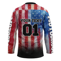 Personalized Motocross Rider Hockey Jersey with Distressed American Flag in Red White Blue Grunge Style - Wonder Print Shop