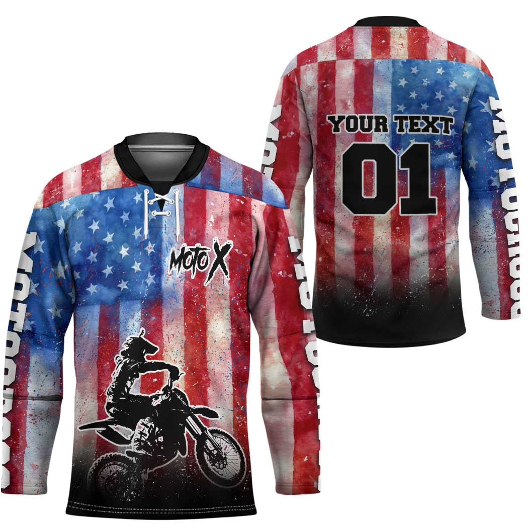 Personalized Motocross Rider Hockey Jersey with Distressed American Flag in Red White Blue Grunge Style - Wonder Print Shop