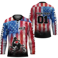 Personalized Motocross Rider Hockey Jersey with Distressed American Flag in Red White Blue Grunge Style - Wonder Print Shop