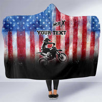 Personalized Motocross Rider Hooded Blanket with Distressed American Flag in Red White Blue Grunge Style - Wonder Print Shop