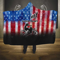 Personalized Motocross Rider Hooded Blanket with Distressed American Flag in Red White Blue Grunge Style - Wonder Print Shop