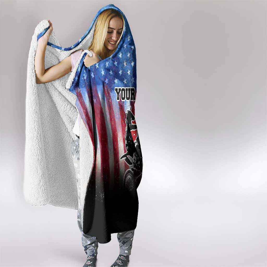 Personalized Motocross Rider Hooded Blanket with Distressed American Flag in Red White Blue Grunge Style - Wonder Print Shop