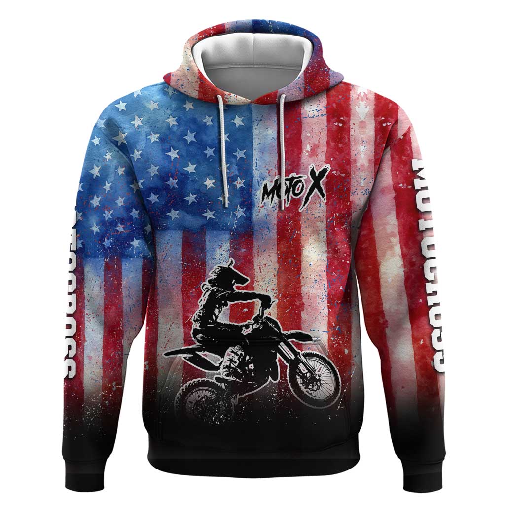 Personalized Motocross Rider Hoodie with Distressed American Flag in Red White Blue Grunge Style - Wonder Print Shop
