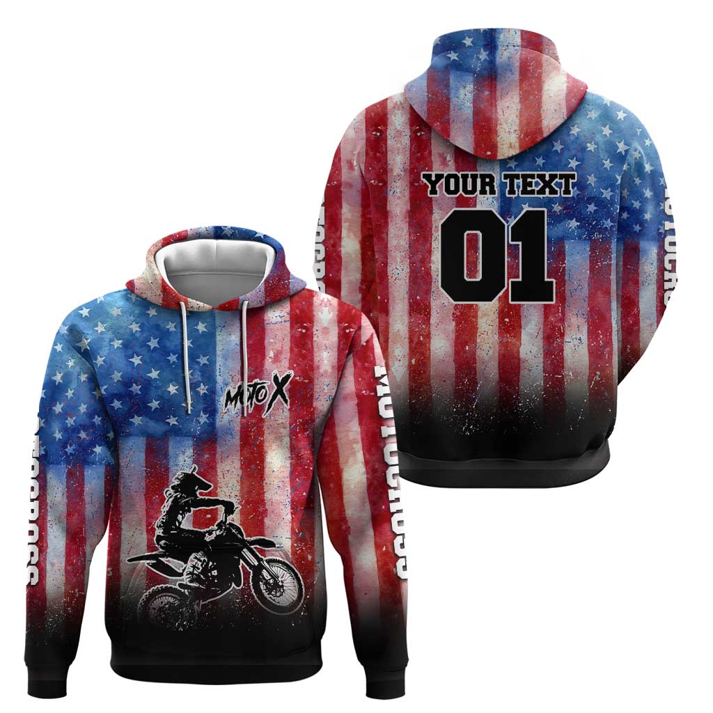 Personalized Motocross Rider Hoodie with Distressed American Flag in Red White Blue Grunge Style - Wonder Print Shop